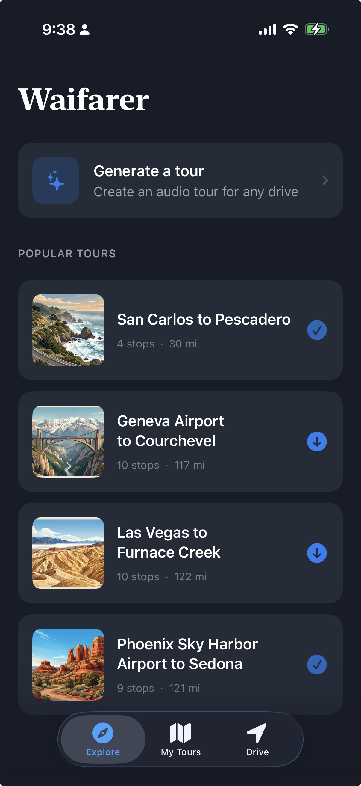 Waifarer home screen with your tours
