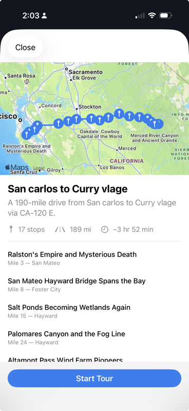 Tour preview with map and stop list